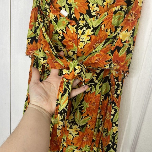 VTG Women's Floral Beaded Midi Length Dress Size 14 Orange Tie Waist CDC Wear - Picture 6 of 11